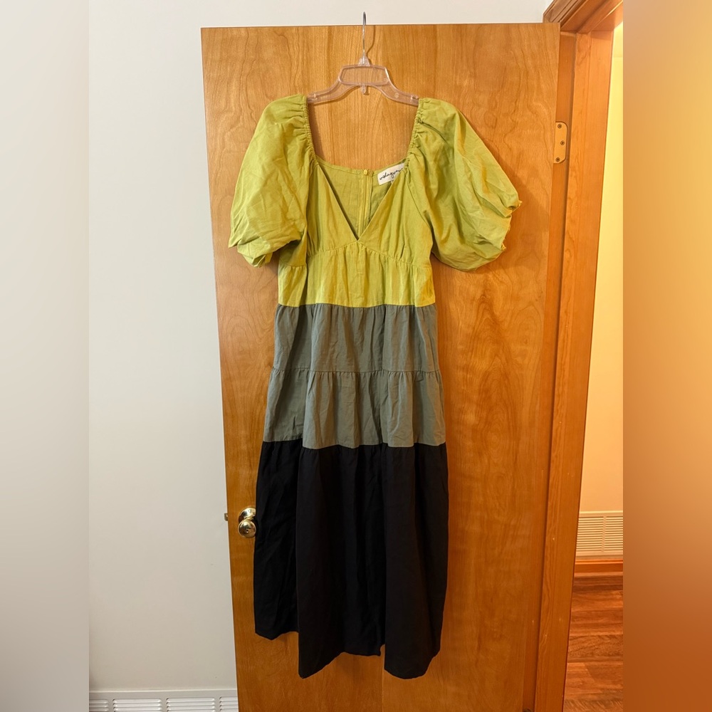 Wishing Waves Dress Color Block Olive Black Boho Peasant Tier Cottagecore Large